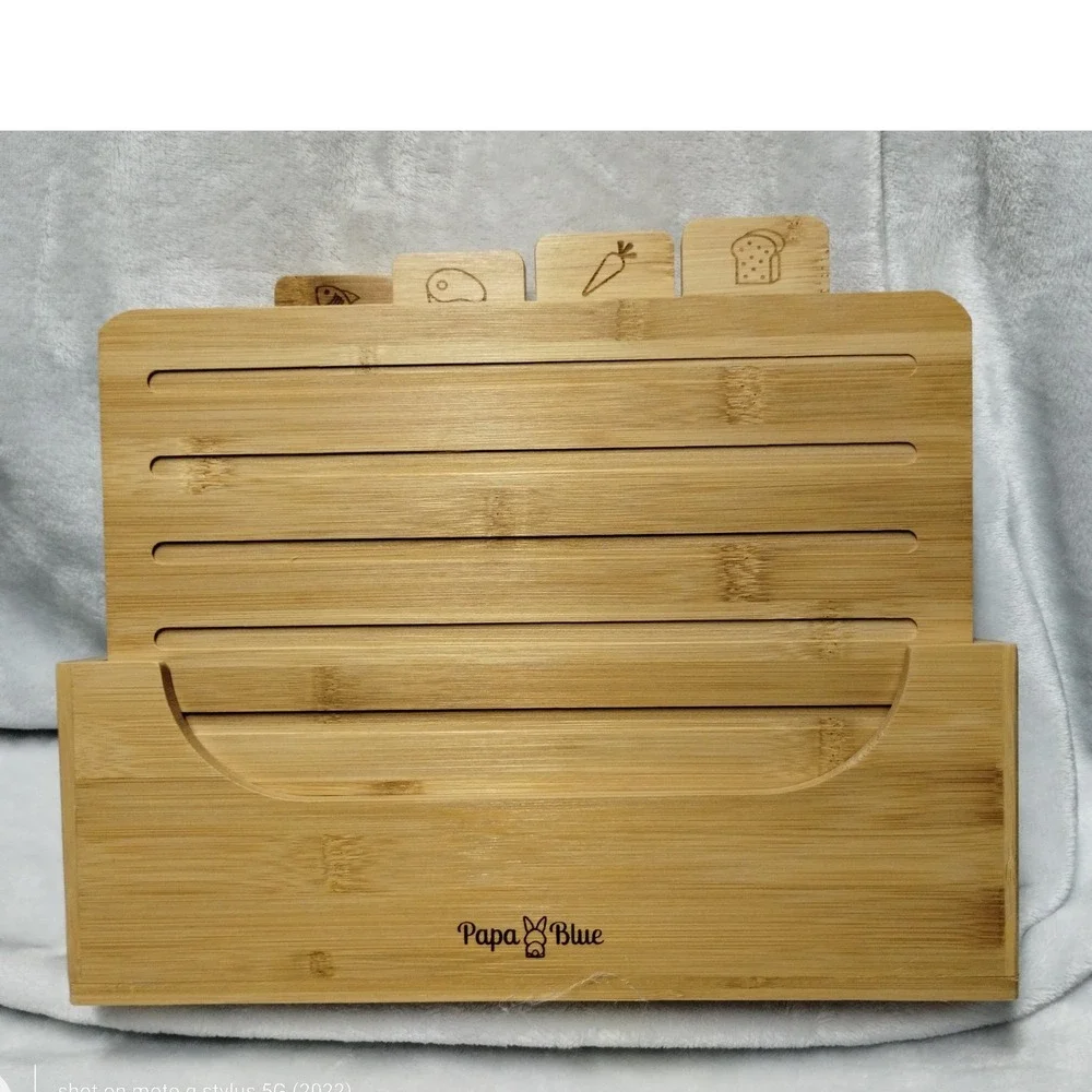 Papa Blue Labeled Bamboo Cutting Board Set of 4 with Stand Juice Groove Non-Slip